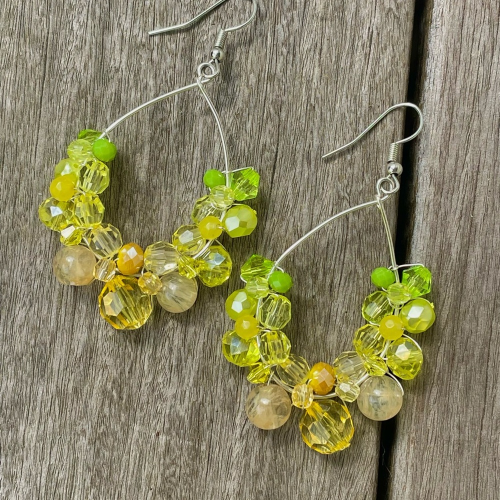 Handmade Silver-Tone Hoop Earrings Yellow & Green Wrapped Beads- Made in Sweden!